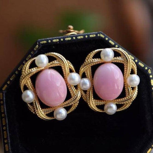 Square Pink Queen Conch Shell Pearls Earrings Gold Vermeil - House Of Pearls